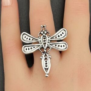 925 Sterling Silver Boho Style Detailed Dragonfly Statement Ring Size 6.5